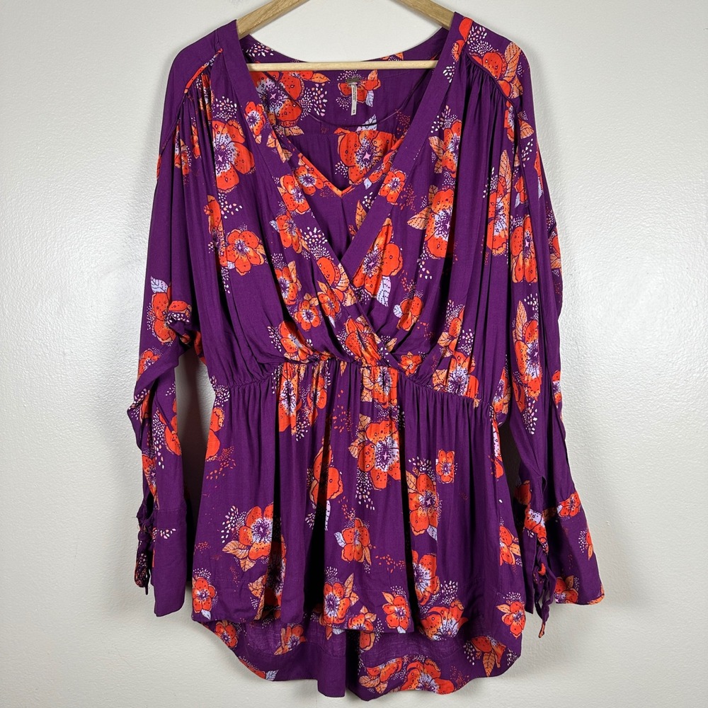 Free People Women's M Tunic Purple Floral Surplice Long Sleeve Boho Top